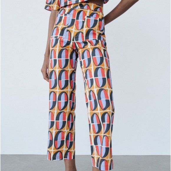 Zara Straight Cut Printed Pants Ocher S - Picture 2 of 8